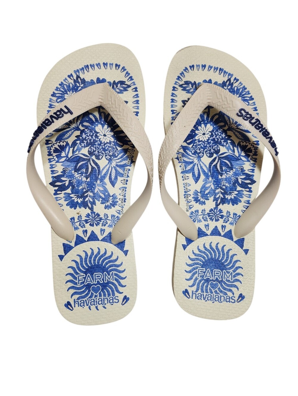 Havaianas Farm Rio  Women's Blue Floral Print Flip Flops with White Straps 7/8